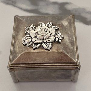 Vintage Trinket Box Rose - Aged with Patinaed Silver - Square Box Raised Roses